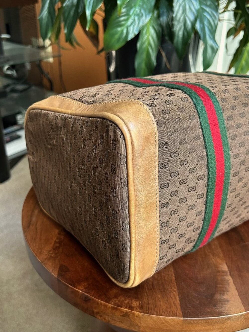 GUCCI Monogram Vintage Web Boston Bag Brown Tan Rare - Picture 14 of 15